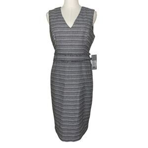 NWT KARL LAGERFELD Womens Tweed Frayed Trim Sleeveless Sheath Dress Blue Sz 4